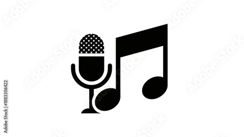 A minimalist icon of a microphone and musical note, rendered in black and white