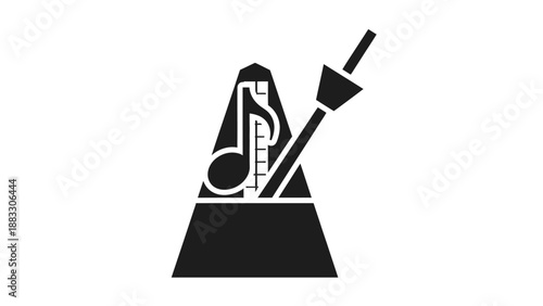 Black and white metronome illustration with music note detail on white background