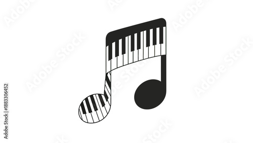 A black and white graphic representation of a musical note, featuring a piano keyboard design
