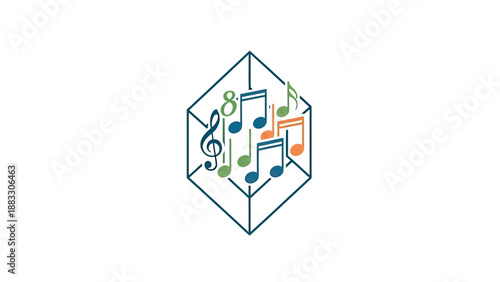 A geometrical abstract design showing musical notes within a geometric cage