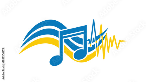 Abstract music logo with blue and yellow elements notes, waveforms, and curving lines