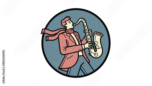 Man playing saxophone in a circle, wearing a scarf and a jacket, music concept.