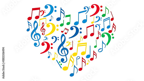 Colorful musical notes and symbols arranged in a heart shape on a white background