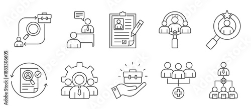 Recruitment and Hiring icon set collection in outline style. Icon pack contain job vacancy, job interview, cv / resume, candidate selection, talent search, hiring process, hr manager, job offer