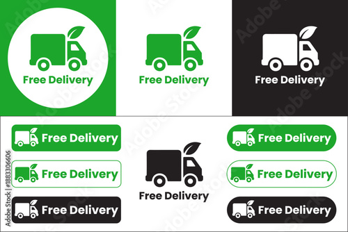 Eco-friendly free delivery truck icons set for fresh product e-commerce
