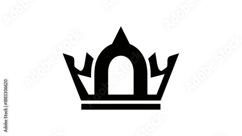 A stark black and white graphic design featuring a crown-like abstract shape
