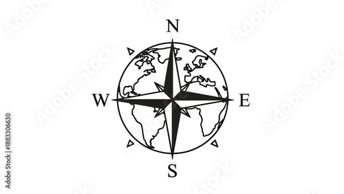 A simple, black compass graphic centered on a white background, featuring a globe