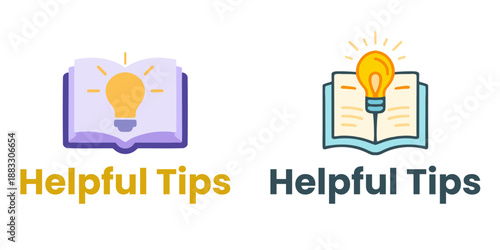 A collection of colorful icons illustrating helpful tips with an open book and glowing lightbulb
