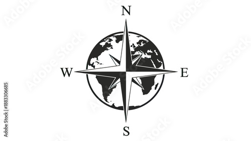 A stark compass rose overlaying a globe, in black and white, against a white background