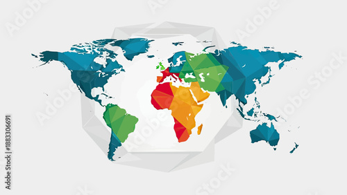 Abstract, low-poly world map in vibrant colors, enclosed in a geometric, crystalline frame