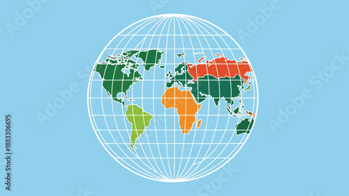 A globe map with continents in various colors, surrounded by a grid, set against a light blue background