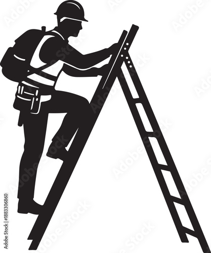Construction worker in hard hat and tool belt climbing a stepladder at a job site