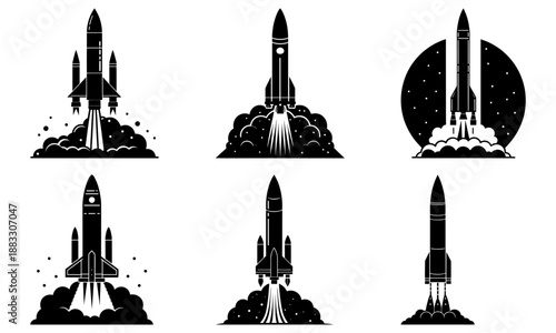 Six Space Rockets Launching into Space with Stars and Moon Background takeoff