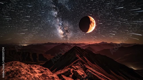 Majestic Lunar Eclipse Over Mountain Peaks - A Night Sky Spectacle.