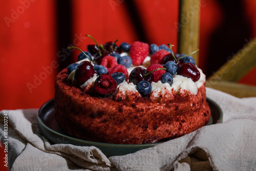 Foto Moist red velvet cake with creamy frosting, a classic American dessert for celebrations