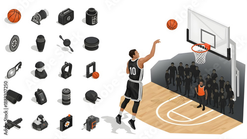 Basketball player shooting hoop with crowd watching and collection of sports equipment, basketball court illustration