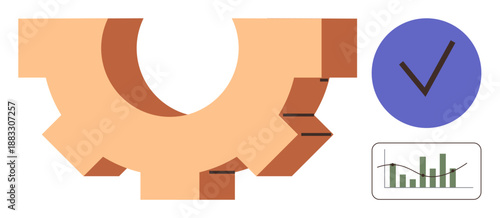 Workflow improvement, data analytics, quality assurance, decision-making, system management, productivity enhancement. A gear, checkmark and a chart data trends. Workflow improvement and data