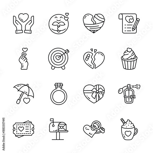 Creatively crafted trendy valentines day, love and romance outline icons set