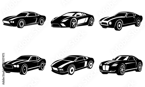 Six Black Sports Cars Silhouettes on White Background car silhouettes six cars 3