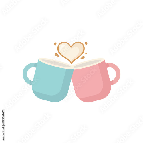 Cute Clinking Mugs with Love Heart and Splashes