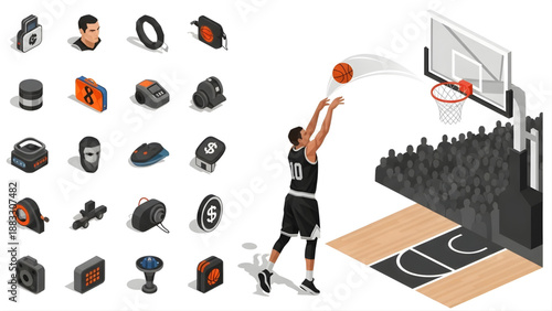 Basketball player shooting a ball towards the hoop on a court with spectators in the background, surrounded by various sports equipment icons