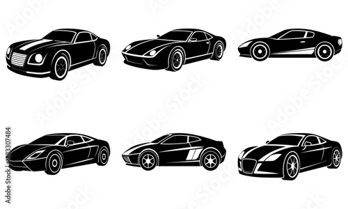 Six Black Sports Cars Silhouettes on White Background 4