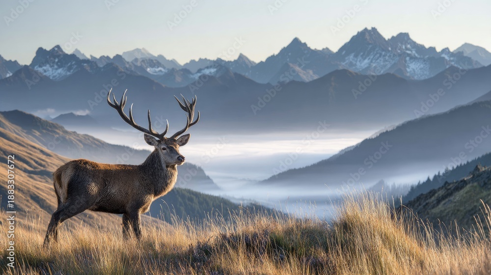 Fototapeta premium Majestic deer stands atop a mountain ridge overlooking scenic landscape