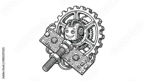 Mechanical robot with gear and circuit boards, engineering concept illustration.