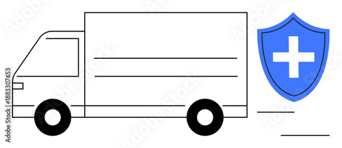 Transportation, safety measures, logistics, secure delivery, health care supply chain, and shipping services. A truck alongside a shield icon with a cross inside. Transportation and safety measures