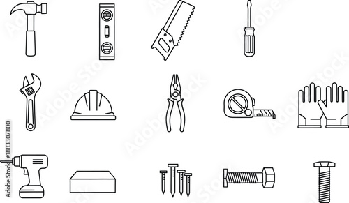 Collection of hand tools and equipment for construction and diy projects in line art style