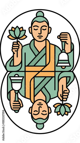 Meditating figure holding lotus and bell, representing balance and reflection in spiritual practice.