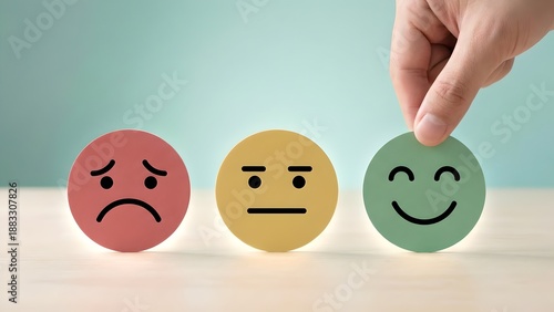 Hand choosing happy face from sad and neutral emoticons on table