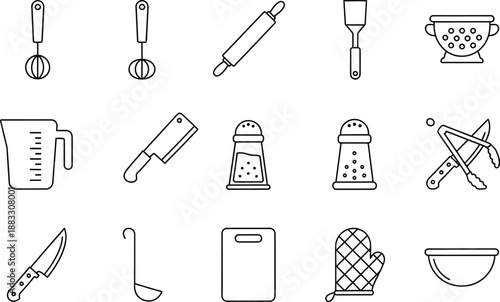 Black and white line art icons featuring a variety of essential kitchen tools and cooking utensils