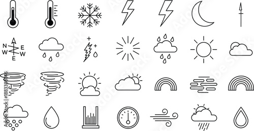 Set of various weather forecast and climate condition icons in outline style