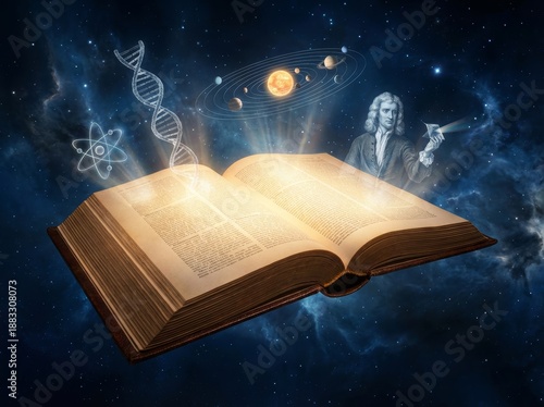 Open book with glowing pages and scientific symbols in space, featuring historical figure and planets