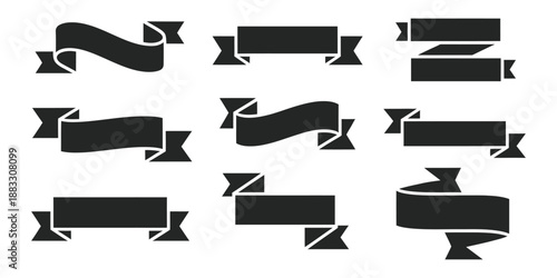 Nine Black Ribbon Banners With Diverse Shapes White Background