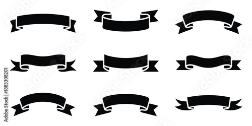 Nine Black Ribbon Banners Isolated On White Background