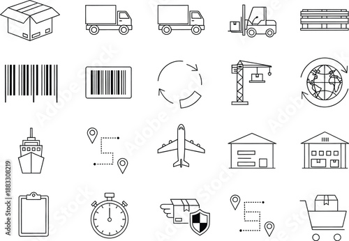 Outline icons set for logistics and supply chain management concepts on white background