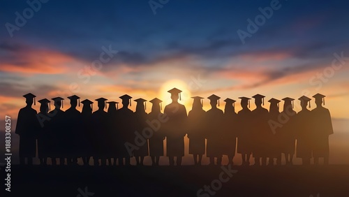 A group of graduates wearing caps stand united in a silhouette against a vibrant sunset sky, symbolizing achievement and new beginnings.
