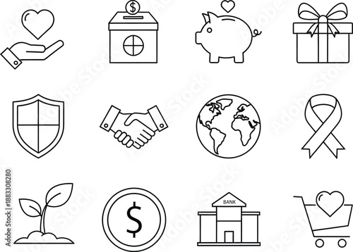 A set of outline icons representing charity, finance, and global issues for various purposes
