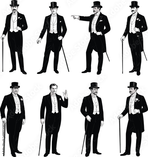 Vintage Gentleman Silhouette and Illustration Set, Victorian Men Wearing Formal Tuxedos with Top Hats and Walking Canes, Retro Poses, Collection