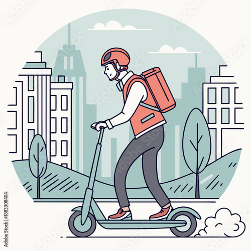 Man riding electric scooter through city wearing helmet and backpack