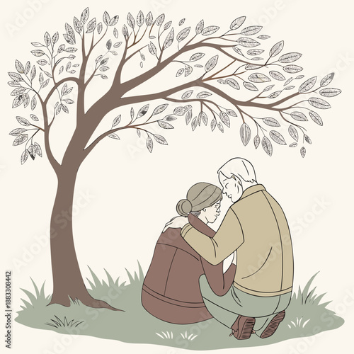 Elderly couple embracing under tree old man old woman