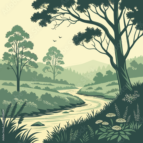 Serene natural reserve landscape with winding river channel trees and foliage