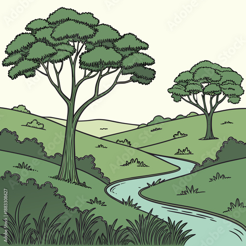 Green hillside with winding river and trees landscape