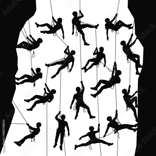 Set of professional rock climbing silhouettes featuring extreme athletes rappelling and ascending steep mountain cliffs isolated on a white background, adventurous.