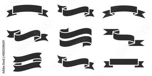 Nine dark grey ribbon banners on white background