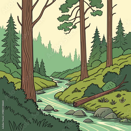 Nature conservation themed showing river running through forest with tall trees and rocks