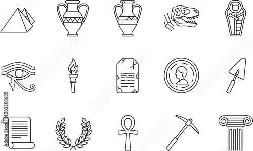 Collection of outline icons representing archaeological artifacts, ancient symbols, and excavation tools