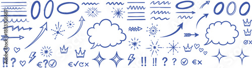 Hand drawn decorative doodle sketch vector set with scribble lines, pencil pen marker elements, arrows, speech bubbles and outline shapes for business infographic and journal design.eps